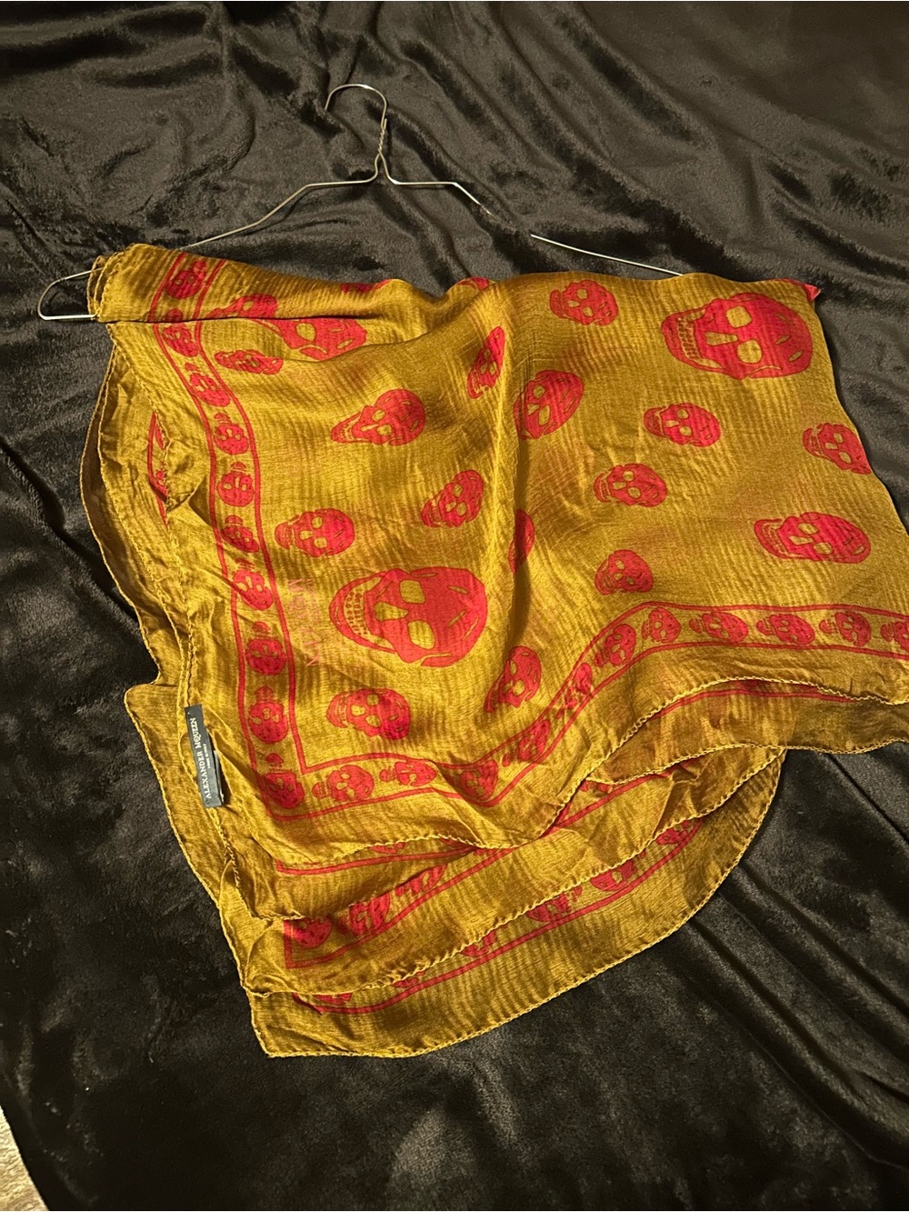 Alexander McQueen Mustard Yellow Scarf with Red Skull Print